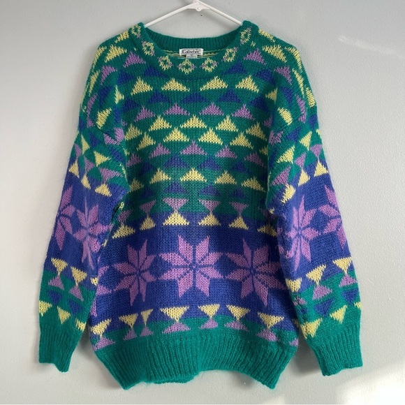 Vintage Gallagher Mohair Blend Sweater Snowflake Multicolor Sz XL Boho Relaxed - Picture 1 of 9